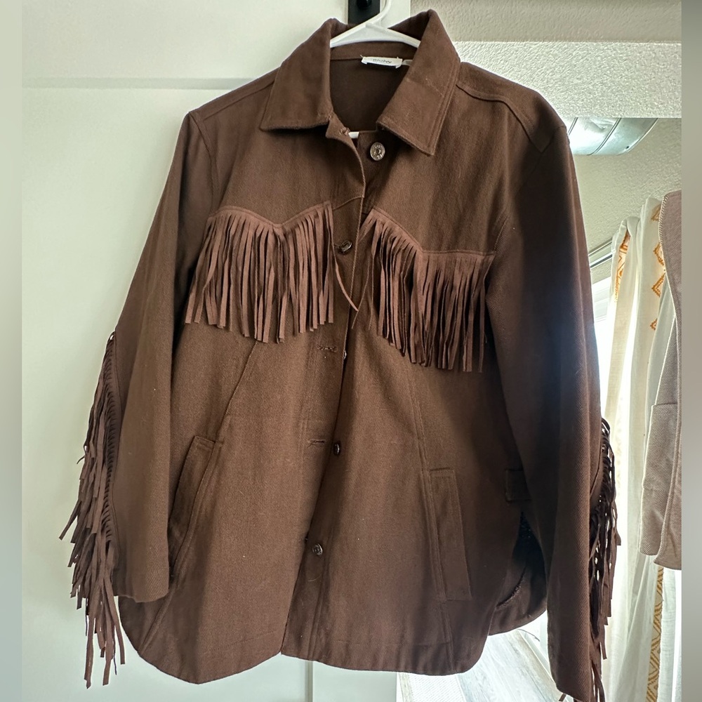 Three Bird Nest Chocolate Fringe Utility Jacket